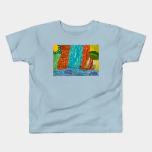 Waterfall with Sun, Tree, Flowers and Rocks Kids T-Shirt